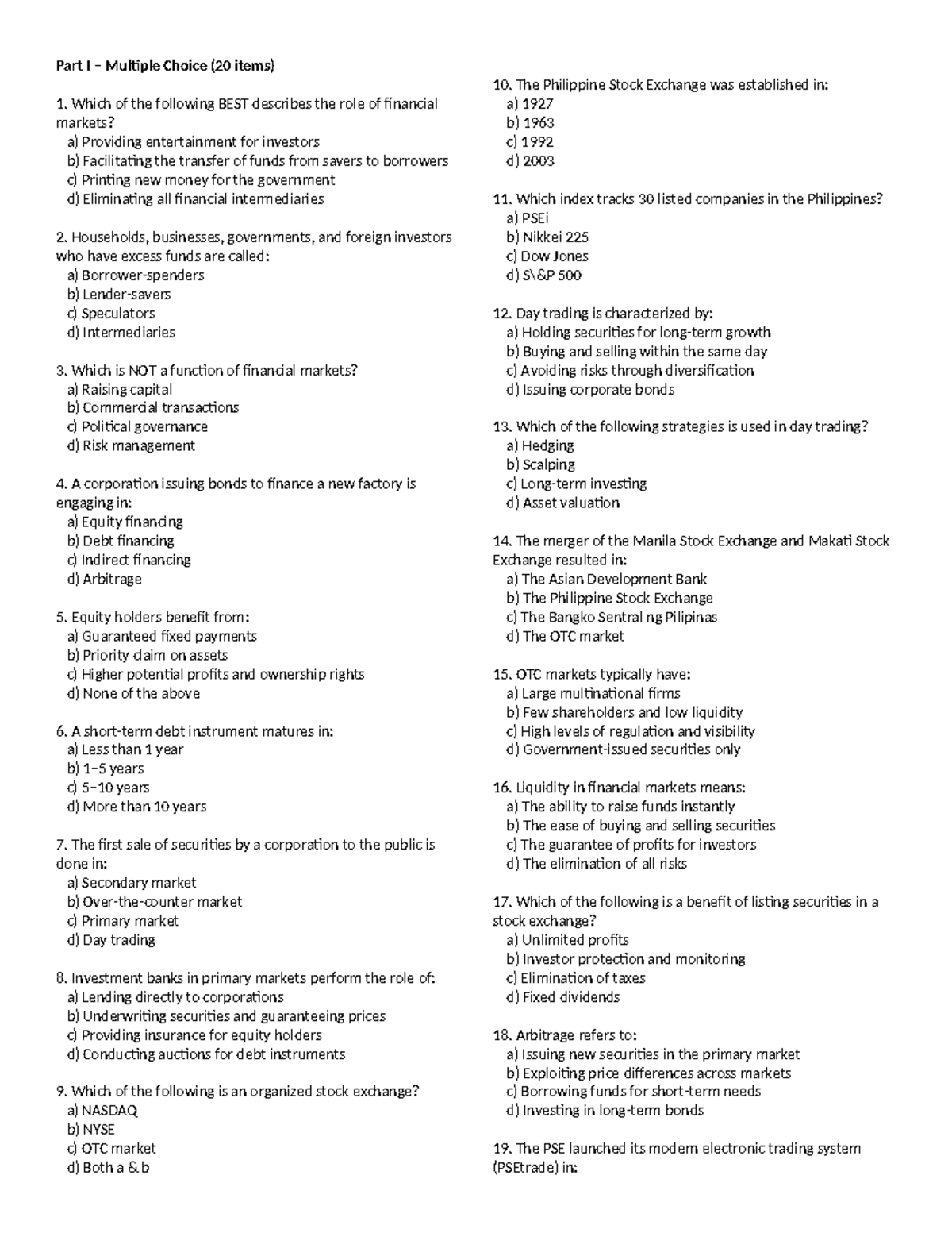 Practice Quiz: Intro to Fin 160 - Multiple Choice & True/False - Studocu