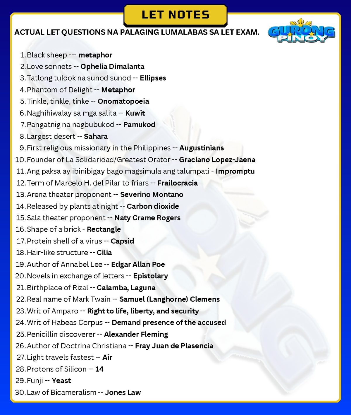 LET NOTES: HIGH-YIELD QUESTIONS FOR LET EXAM REVIEW - Studocu