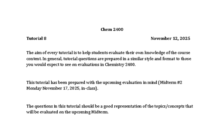 Chem 2400 - Midterm Tutorial 8 Preparation Guide - Studocu