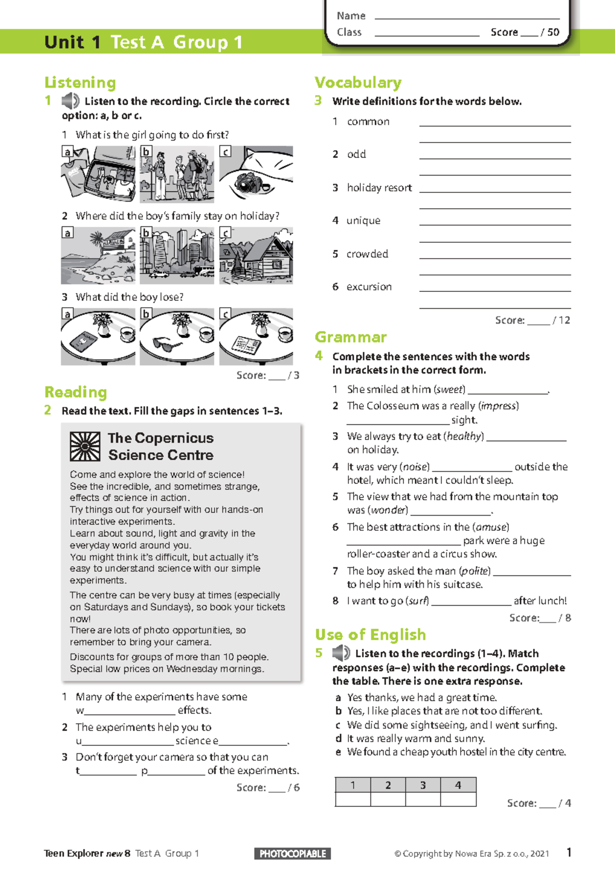 TE8new Unit 1 Test A Group 1 Listening & Vocabulary - Studocu
