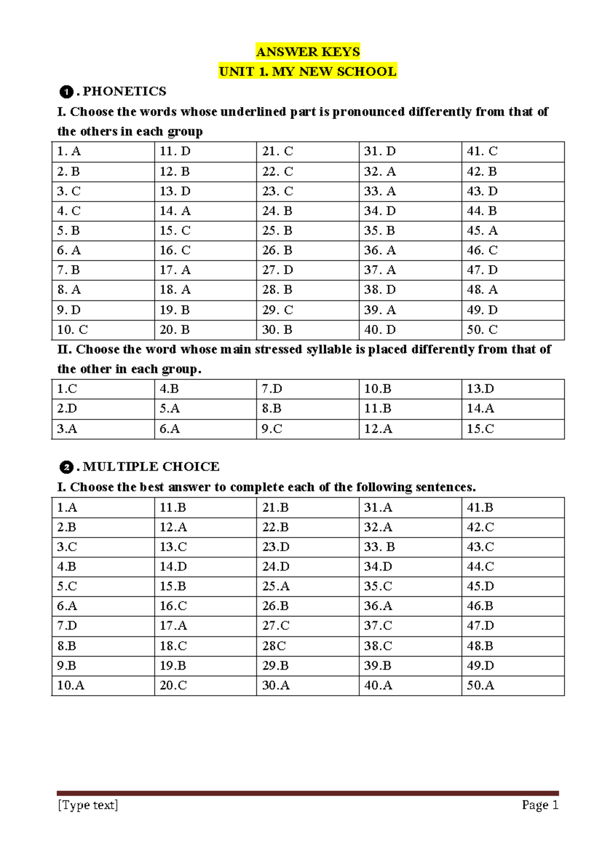ANSWER KEYS UNIT 1-3: MY SCHOOL, HOME, AND FRIENDS - SFX DSV - Studocu