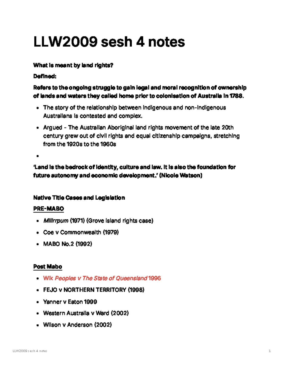 LLW2009 Sesh 4 Notes: Understanding Land Rights and Native Title - Studocu