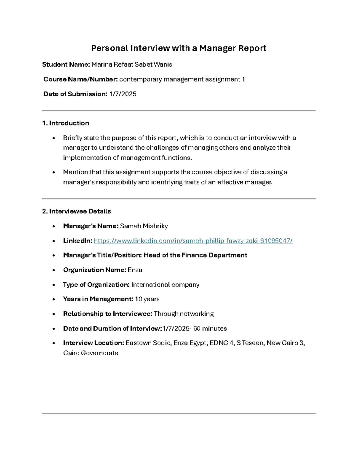 Contemporary Management Assignment 1: Personal Interview Report - Studocu