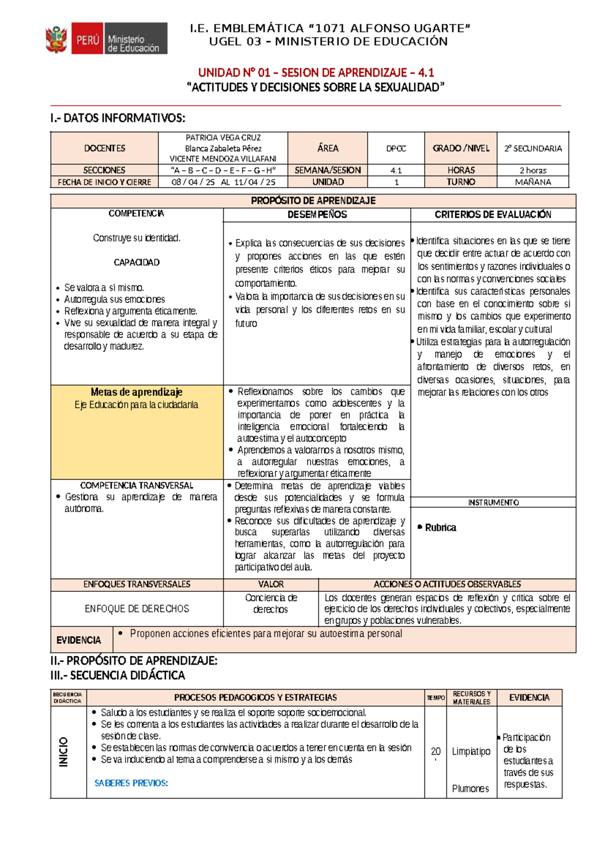 Sesión de Aprendizaje 4.1: Identidad y Sexualidad en DPCC 2° - Studocu