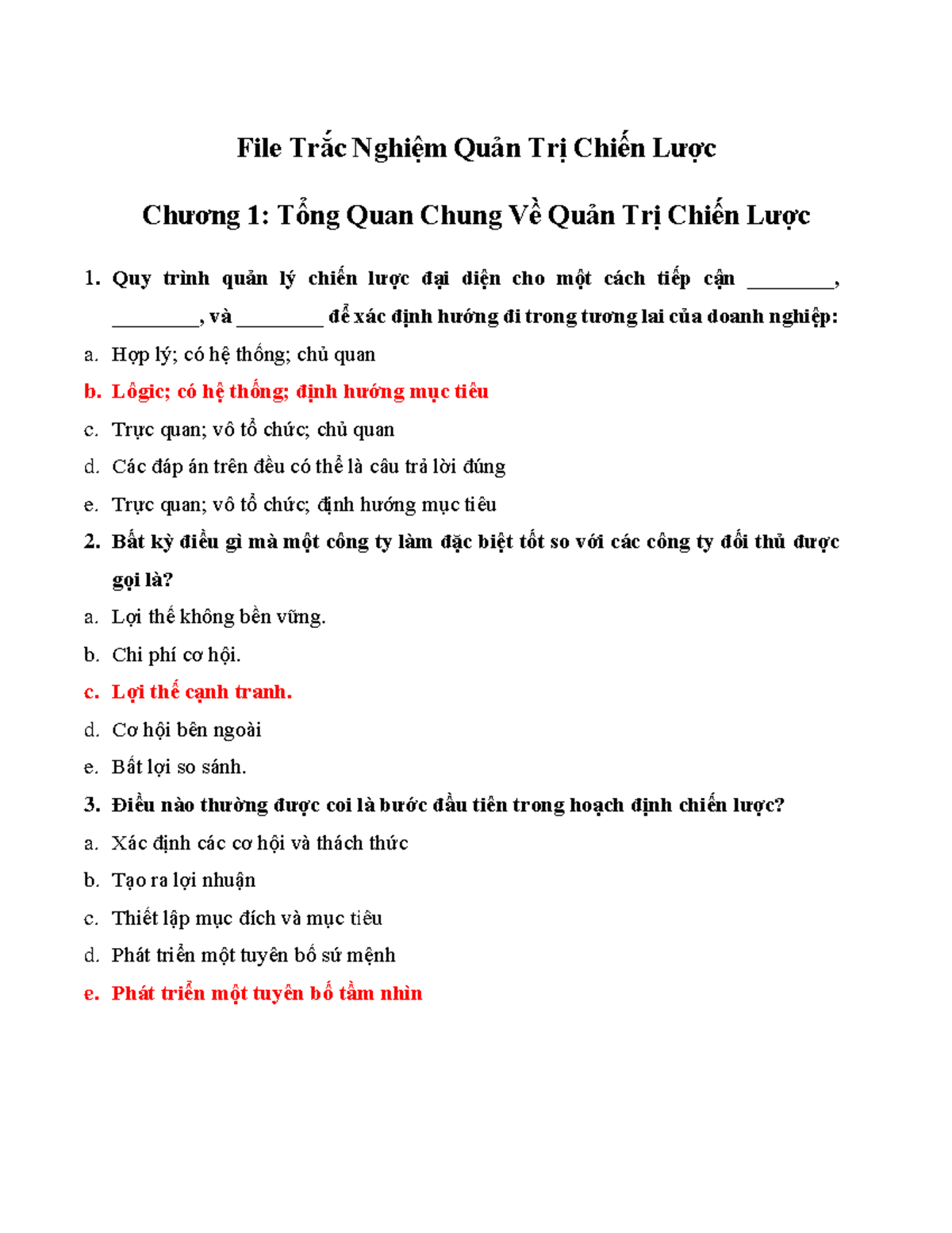 Ôn tập trắc nghiệm Quản trị chiến lược - Tổng hợp 9 chương - Document Preview