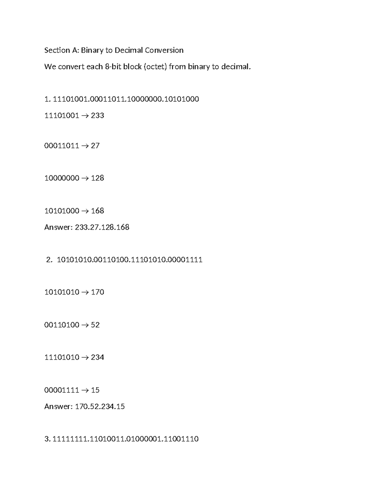 CS101: Binary to Decimal Conversion & Subnetting Guide - Studocu