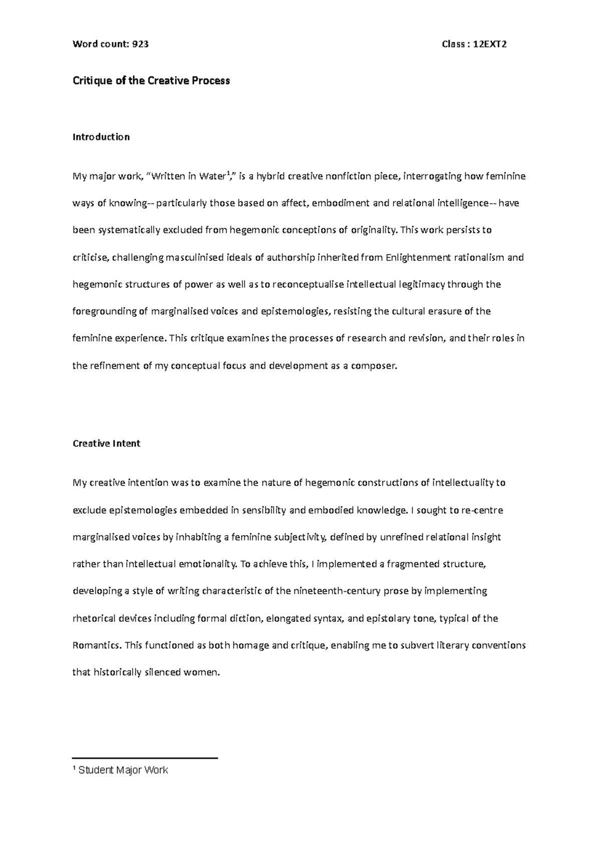 Critique of the Creative Process: A Feminist Perspective (12EXT2) - Studocu