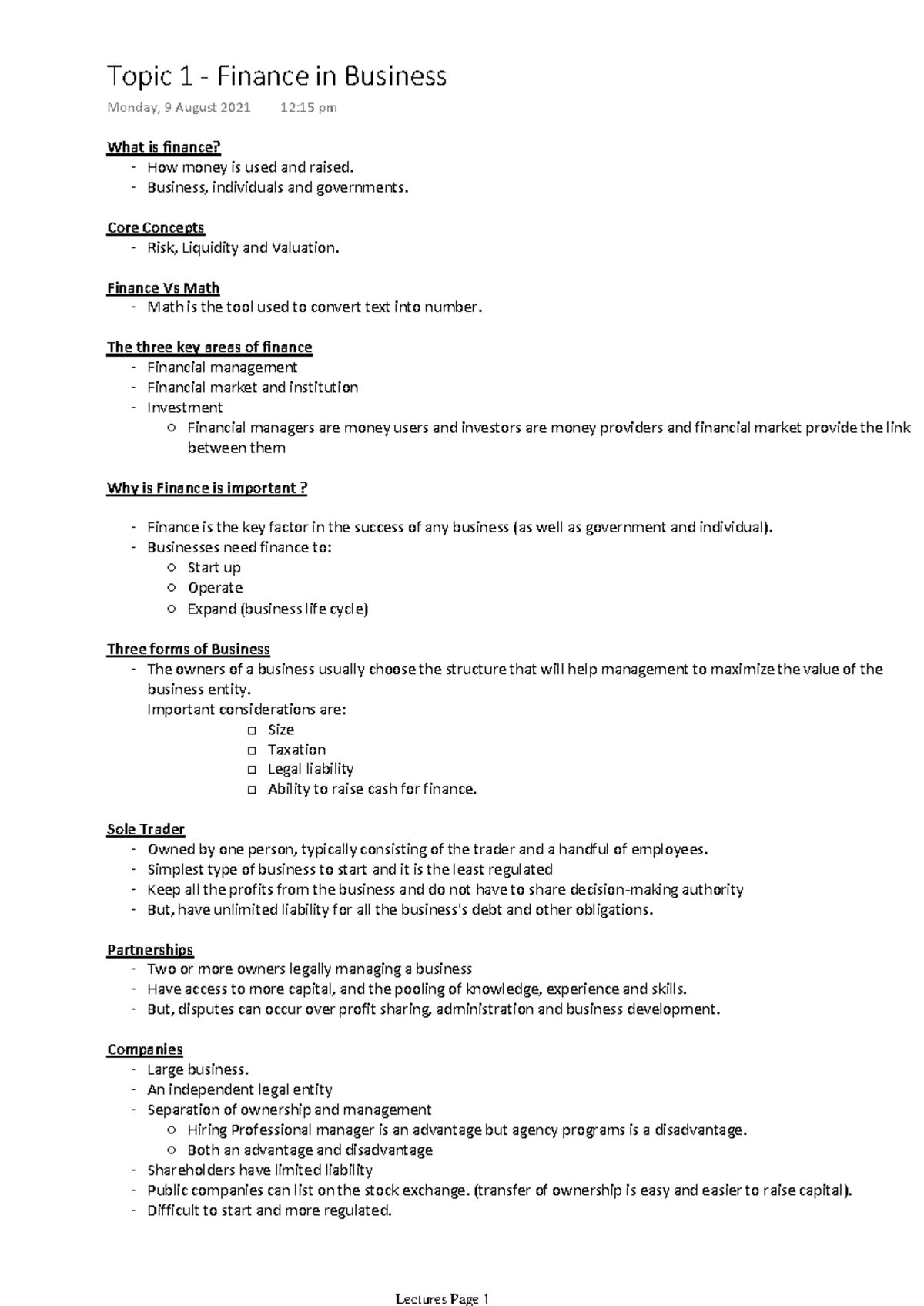 FINAN101 - Comprehensive Lecture Notes on Finance Concepts - Studocu