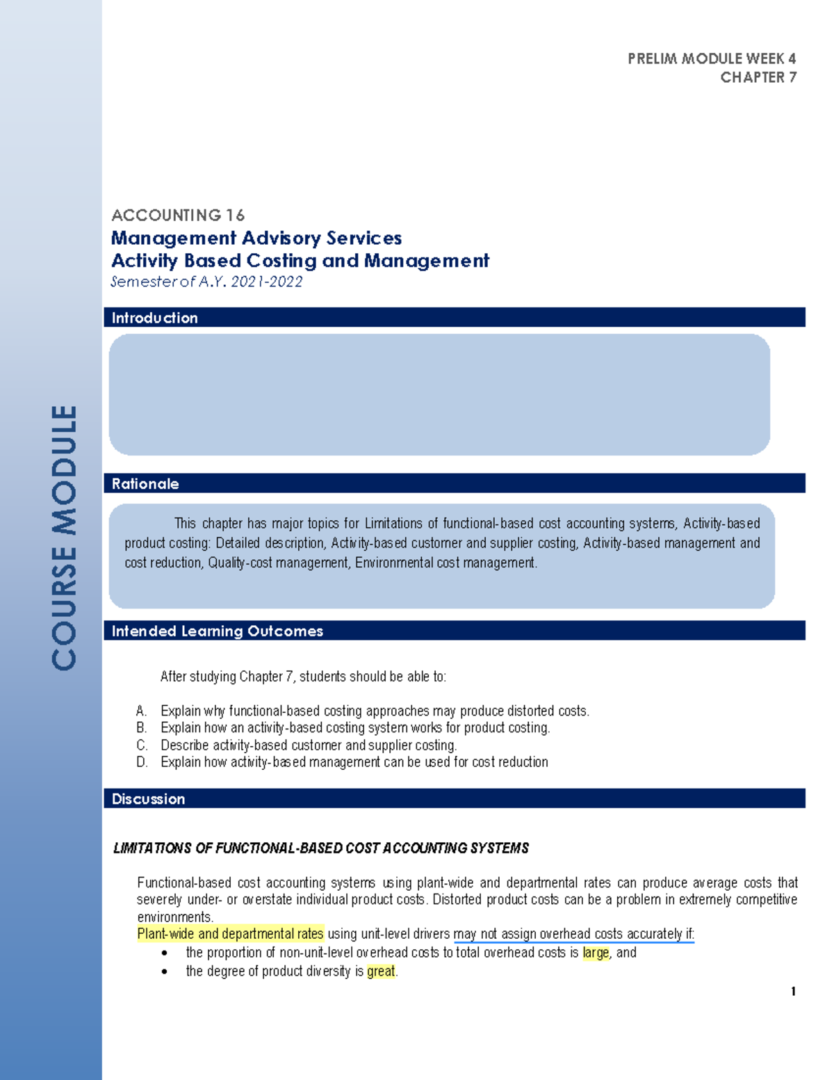 Chapter 7: Activity Based Costing & Management - Acctg 16 Module Week 4 ...
