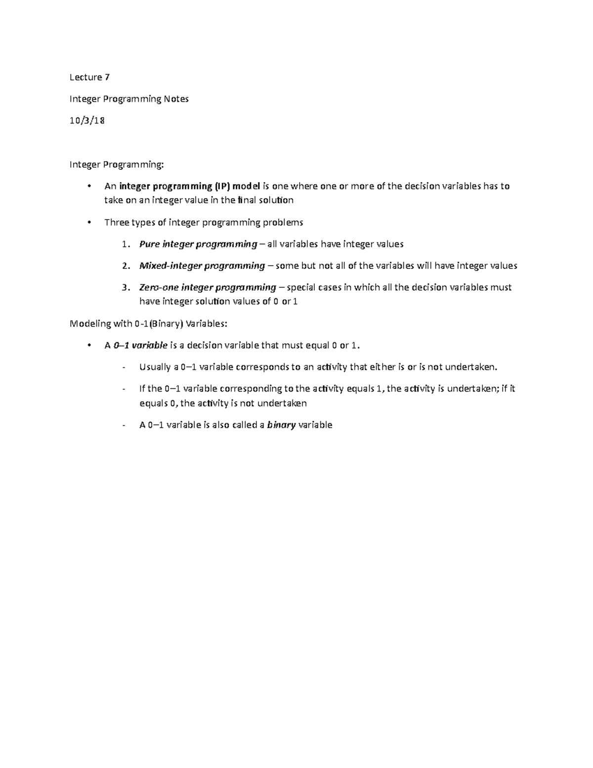 Lect 7 - Integer Programming Notes: Chapter 10 Overview - Studocu