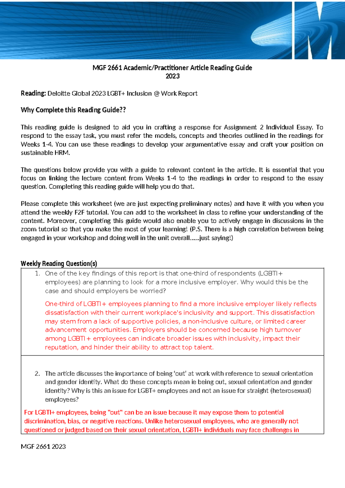 W4 MGF 2661 Academic Reading Worksheet Deloitte LGBT+ 2023 - MGF 2661 ...
