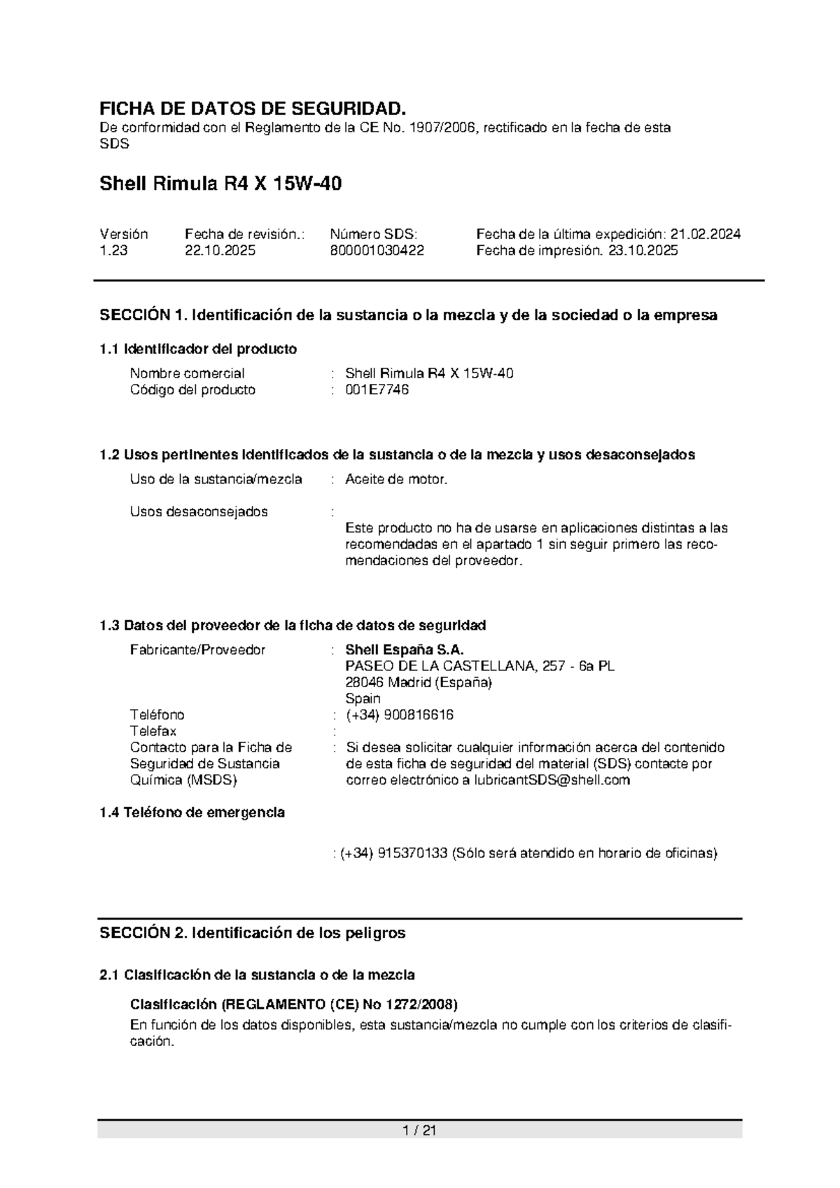 Ficha de Datos de Seguridad (SDS) Shell Rimula R4 X - Versión 1.23 ...