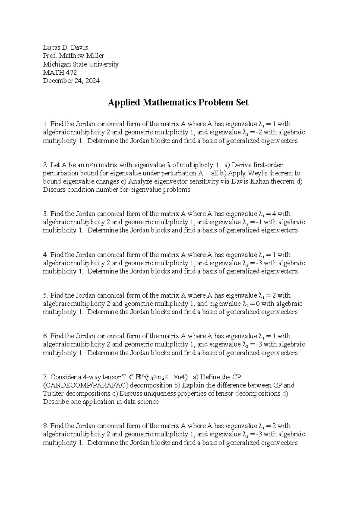 MATH 472 Applied Mathematics Problem Set 1: Jordan Canonical Forms ...