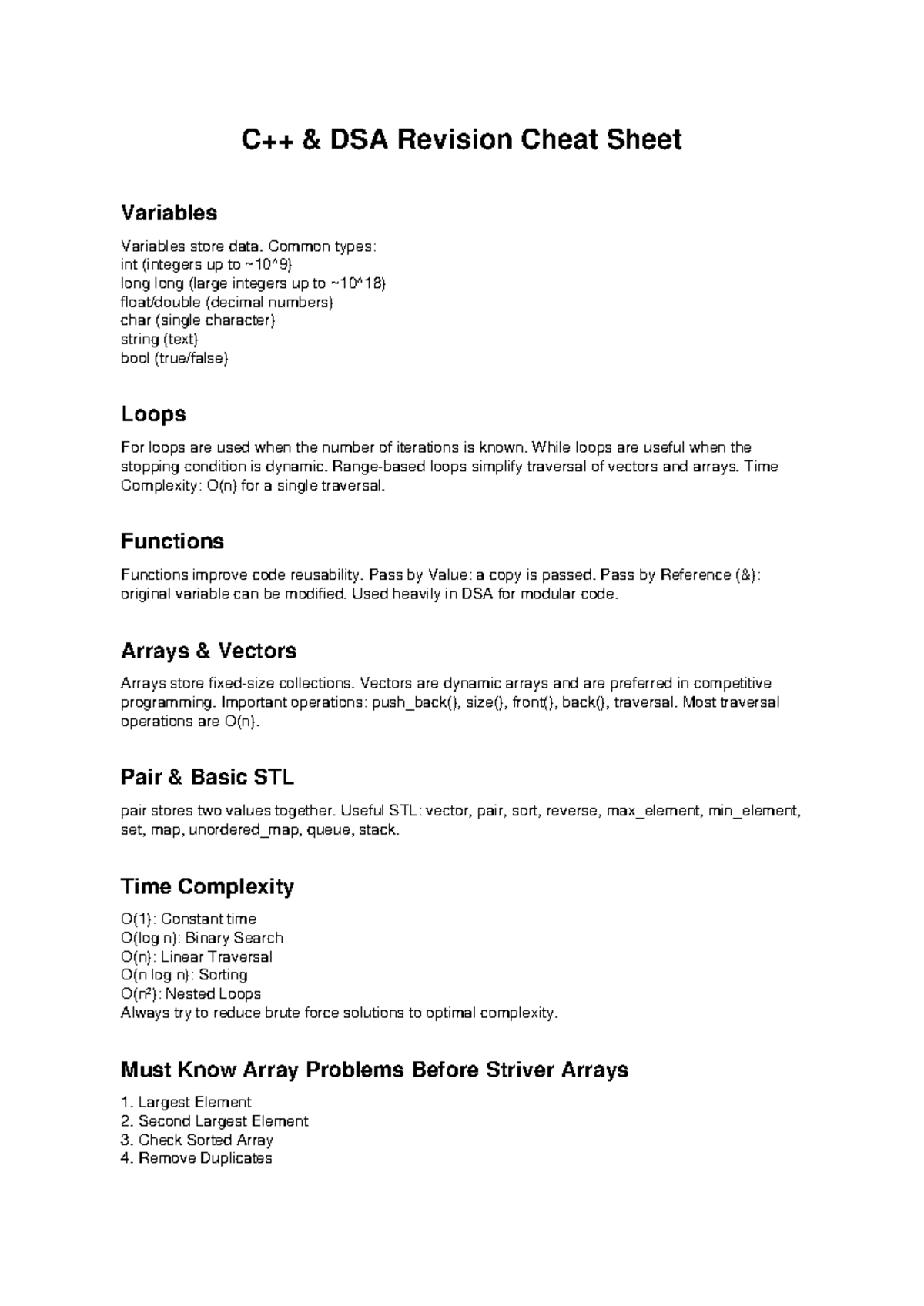 DSA Cpp Revision Cheat Sheet: Key Concepts & Time Complexities - Studocu