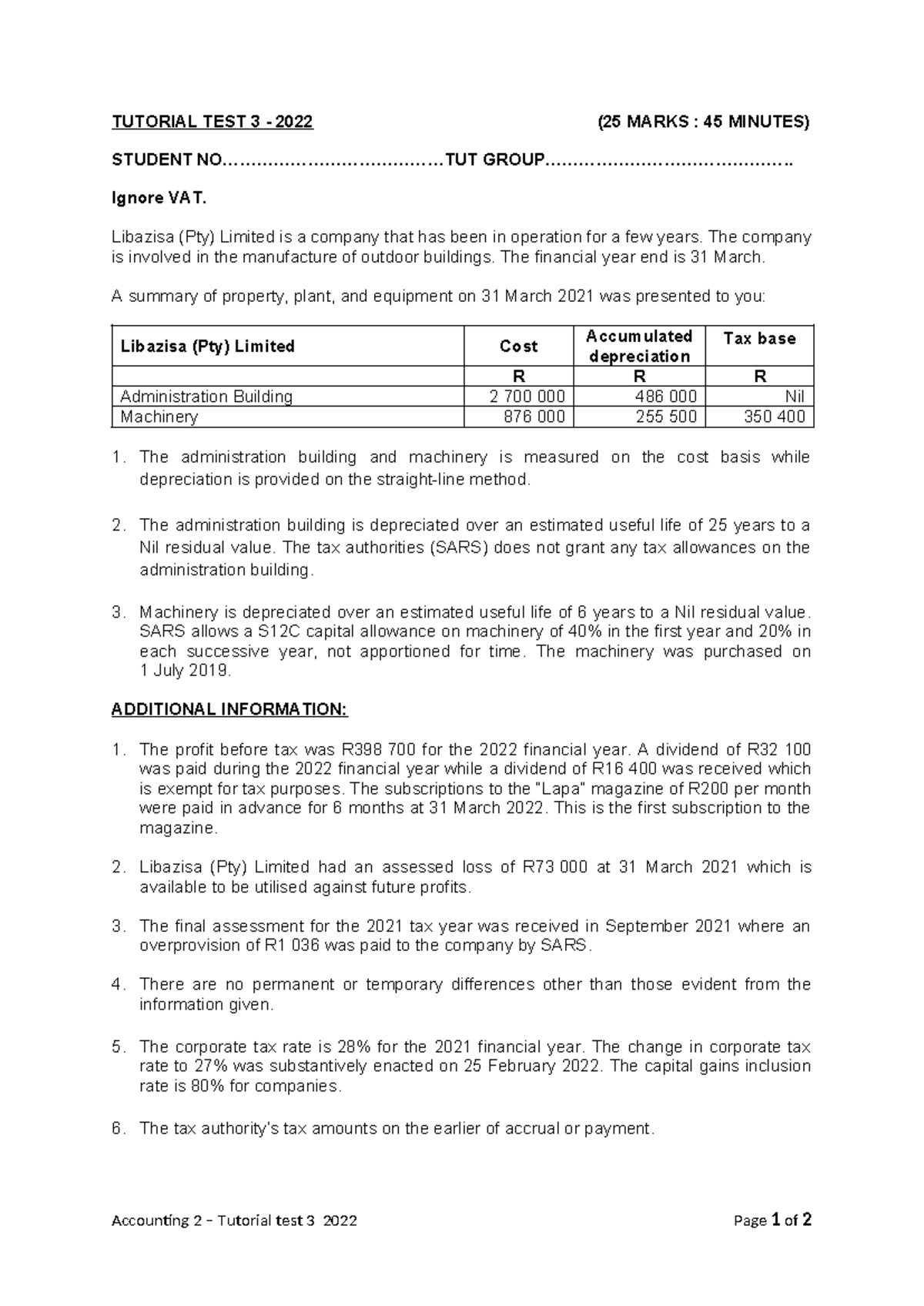 Accounting 2 - Tutorial Test 3 (2022): Group Accounting Topics - Studocu