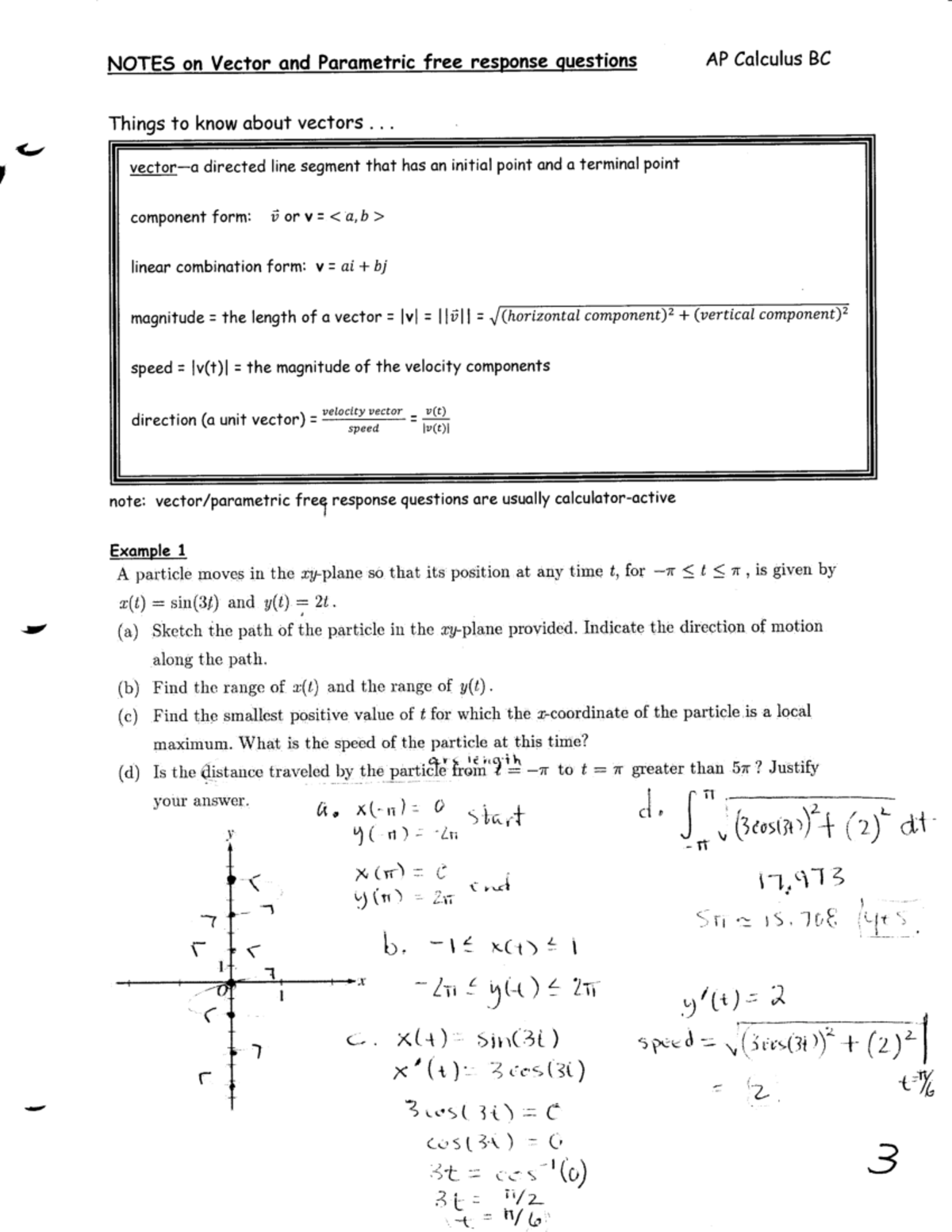 Vectors parametrics frq - NOTES on Vector and Parametric free response ...
