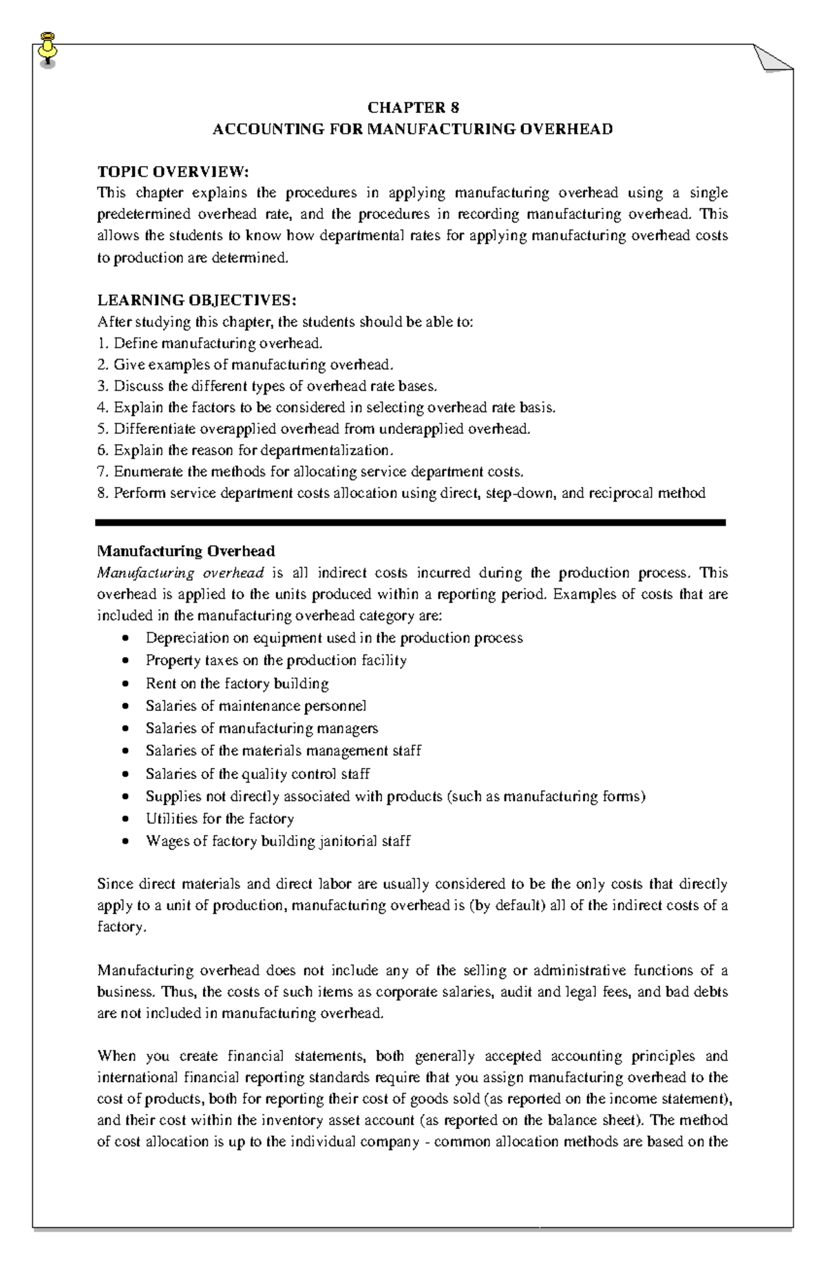 Chapter 8: Accounting for Manufacturing Overhead - Key Concepts and ...