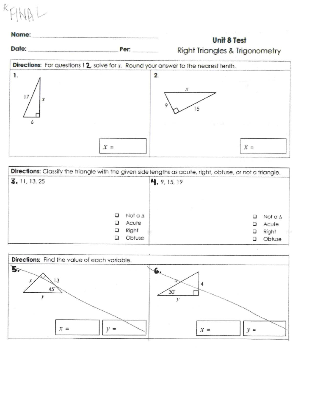 Unit 8 Test: Right Triangles & Trigonometry Solutions - Studocu
