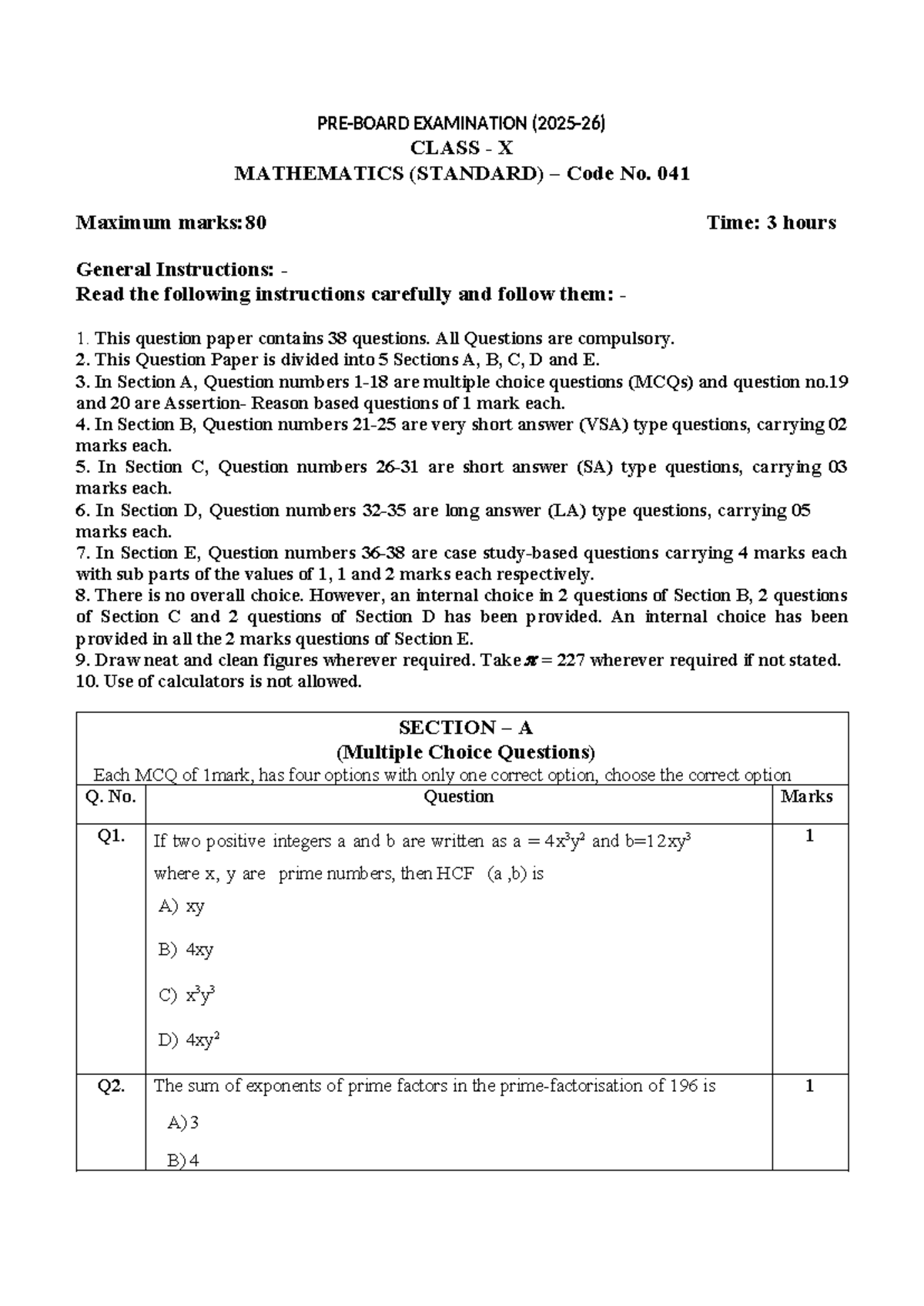 X-CLASS X MATHEMATICS (STANDARD) EXAMINATION QP Code No. 041 - Studocu