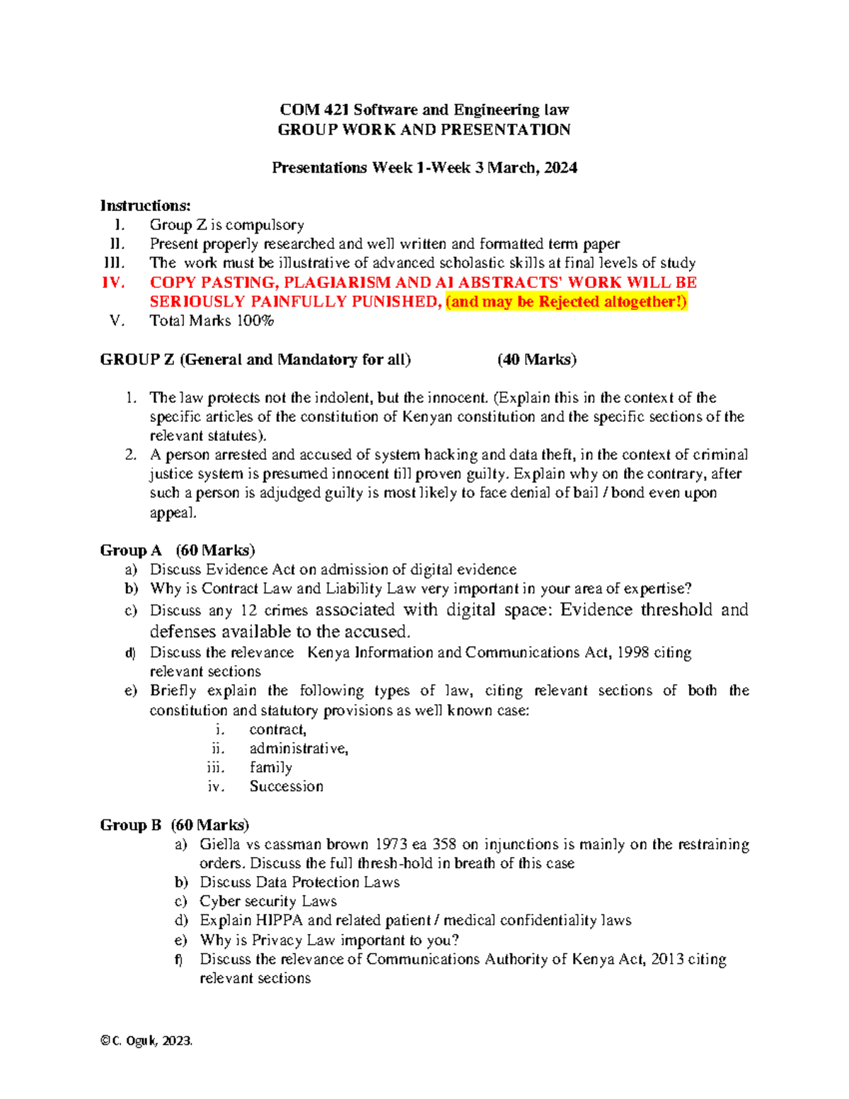 COM 421 Group WORK (presntations from Week 1 of March) - ©C. Oguk, 2023 ...