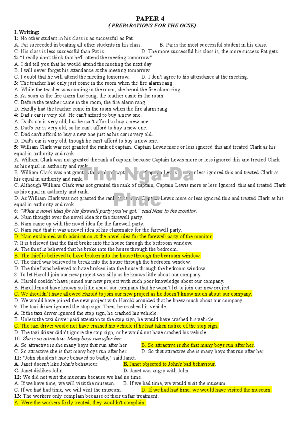 GCSE Paper 4 - Homework Preparation and Exercises - Studocu