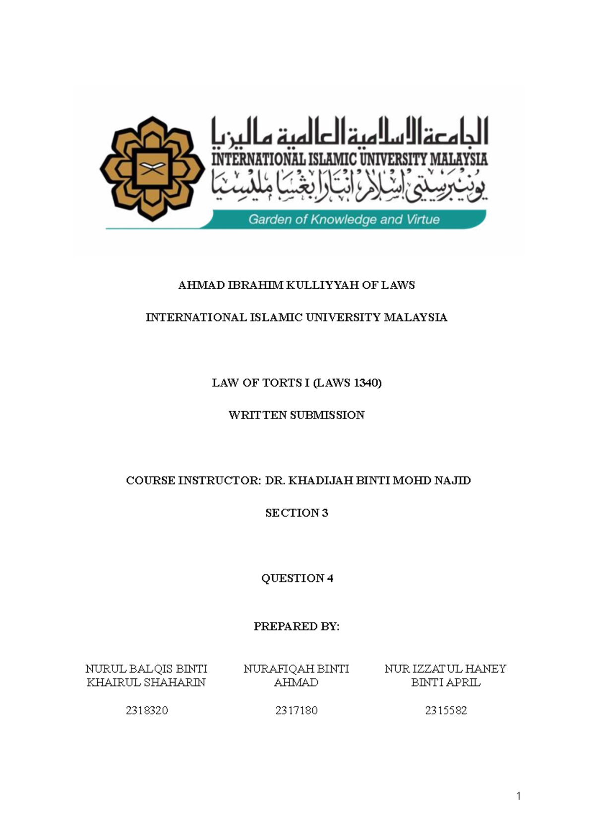 Torts I (LAWS 1340) Group Assignment on Duty of Care and Negligence ...