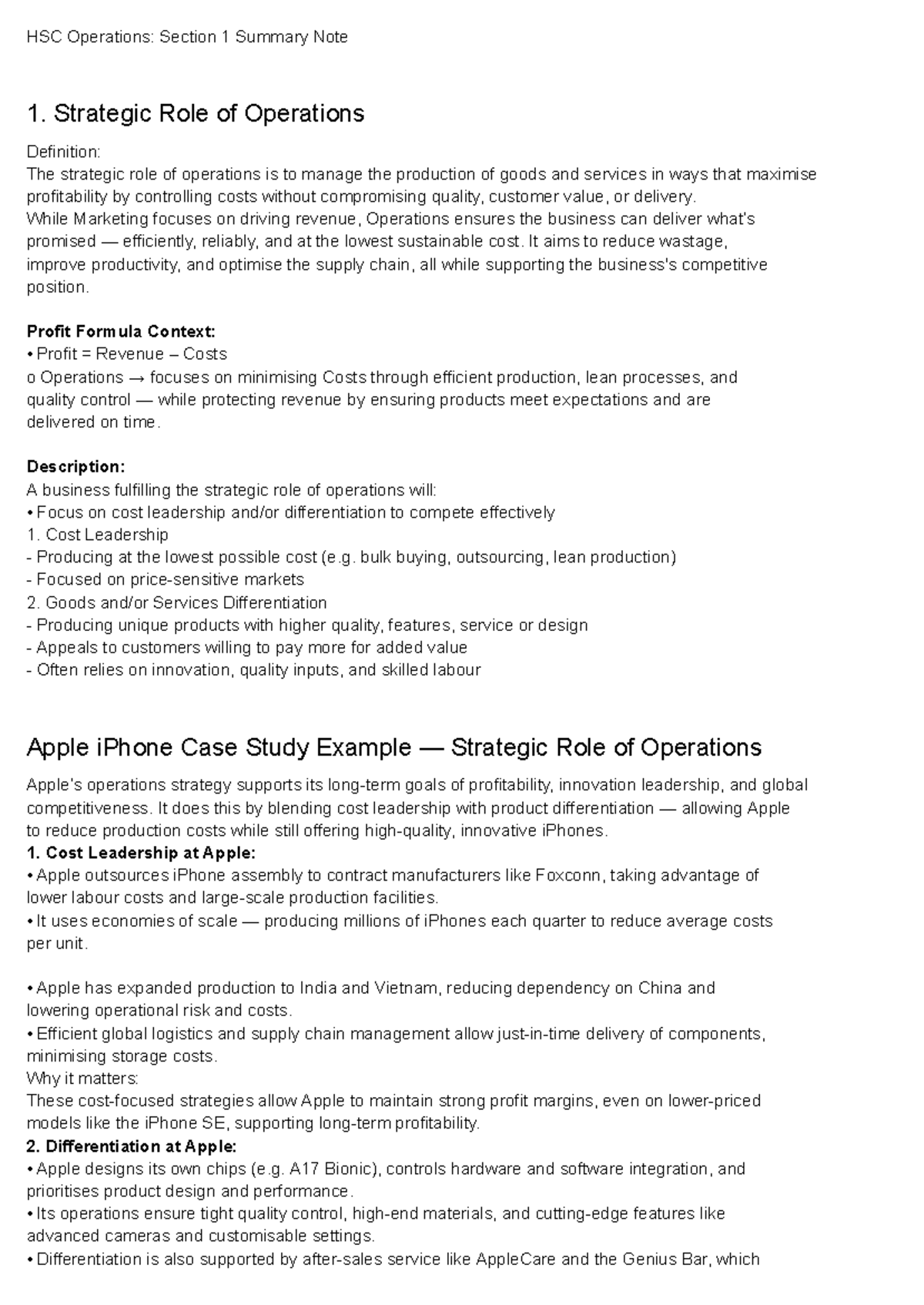 HSC Business Studies: Operations Strategic Role & Case Study Summary ...