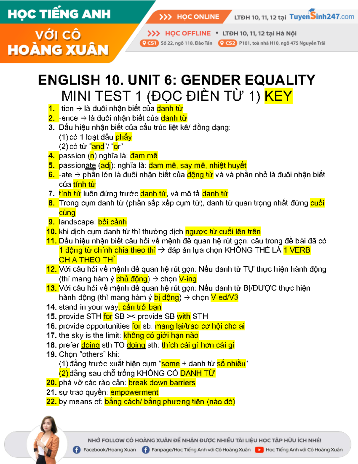 ENGLISH 10: UNIT 6 GENDER EQUALITY MINI TEST 1 KEY - Studocu