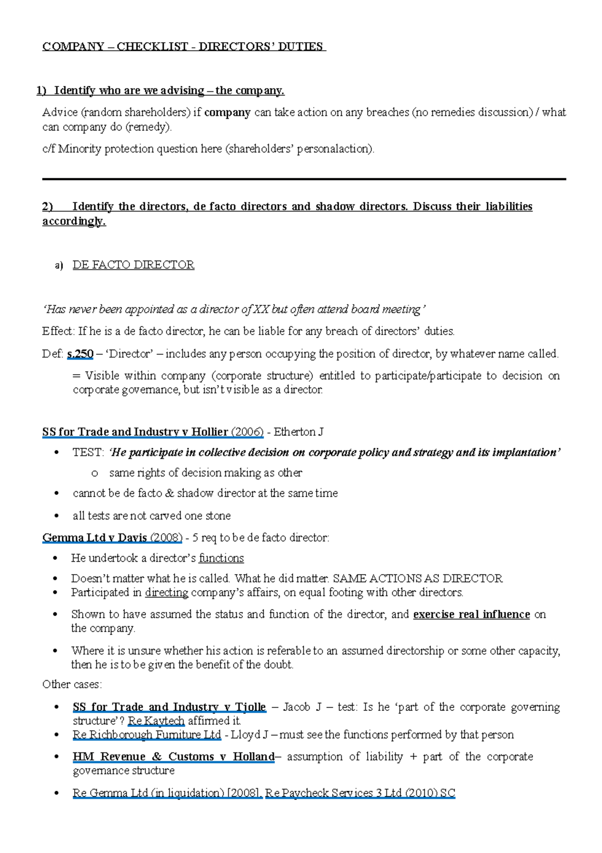 Directors' Duties - Exam Checklist Overview for Law Students - Studocu