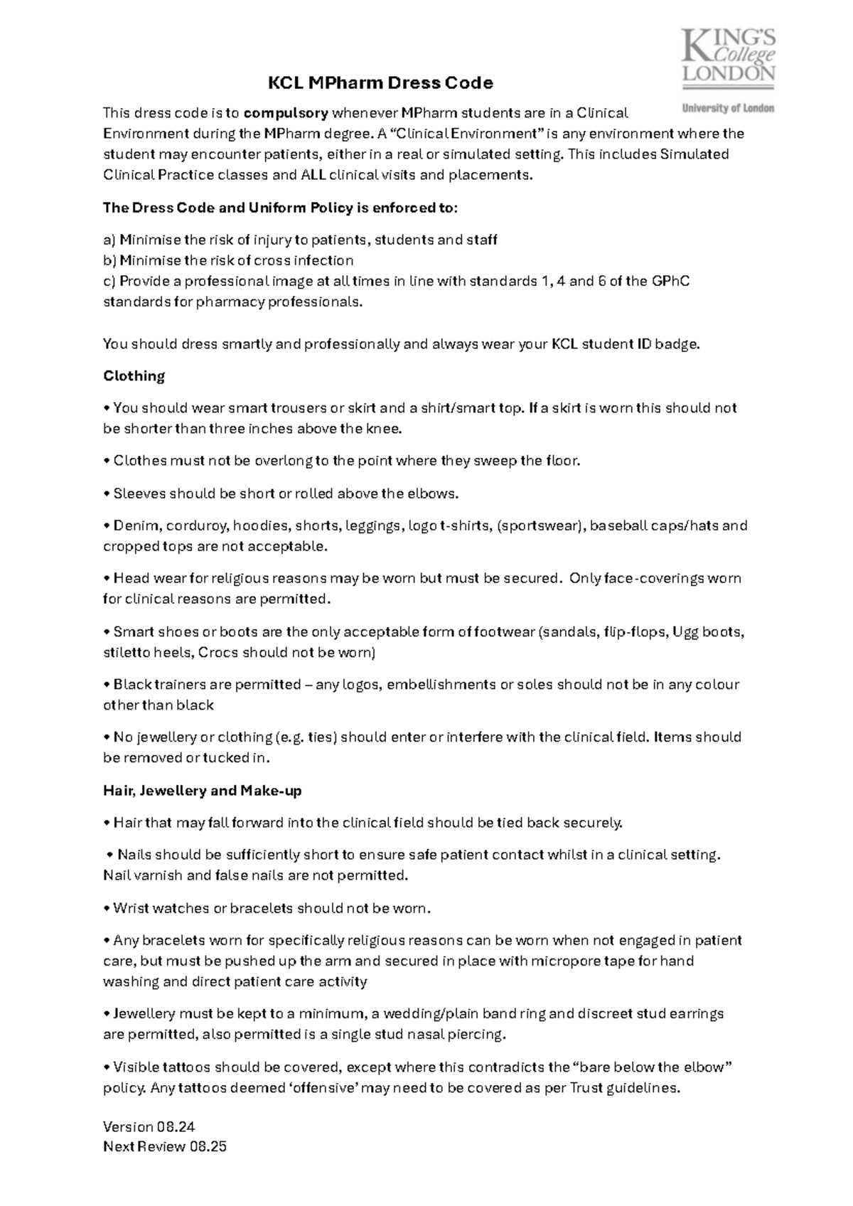 KCL MPharm Dress Code Guidelines for Clinical Environments 2024-25 ...