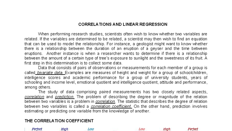 Linear Regression and Correlation Analysis: A Comprehensive Study - Studocu