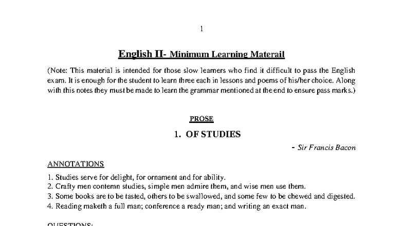 English Minimum Learning Material for Slow Learners (ENG101) - Studocu