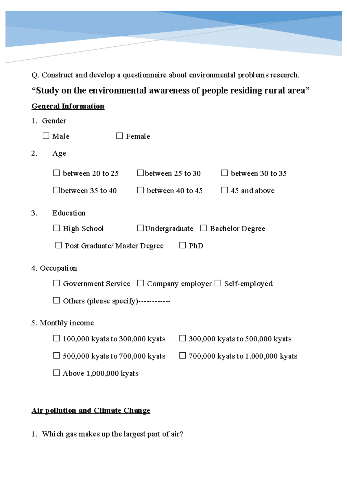 Environmental Awareness Questionnaire Sample for Research Study - Studocu