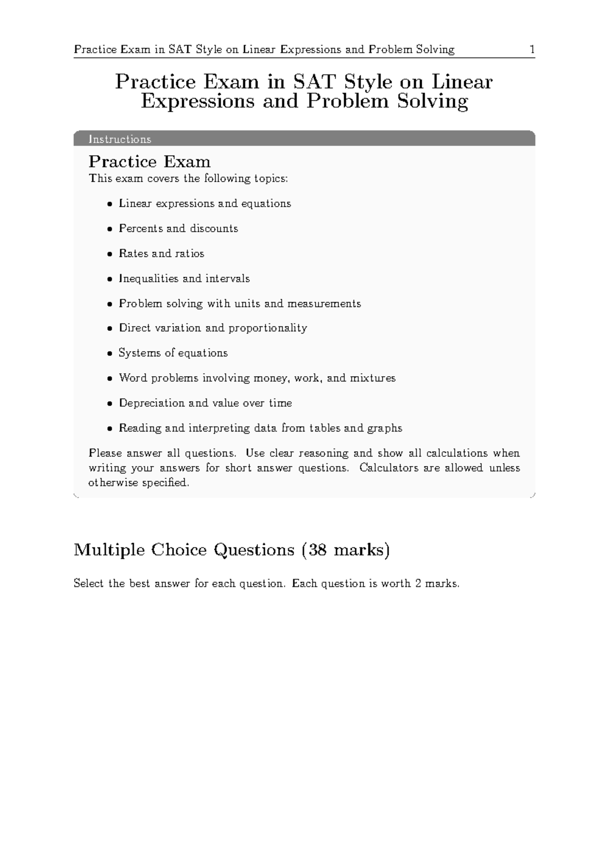 SAT Practice Exam: Linear Expressions & Problem Solving (00.4) - Studocu