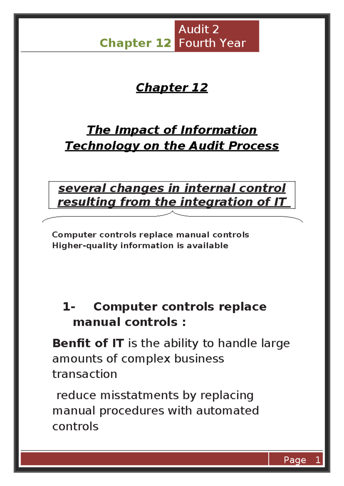 Chapter 12 - The Impact of IT on Audit Processes and Controls - Studocu
