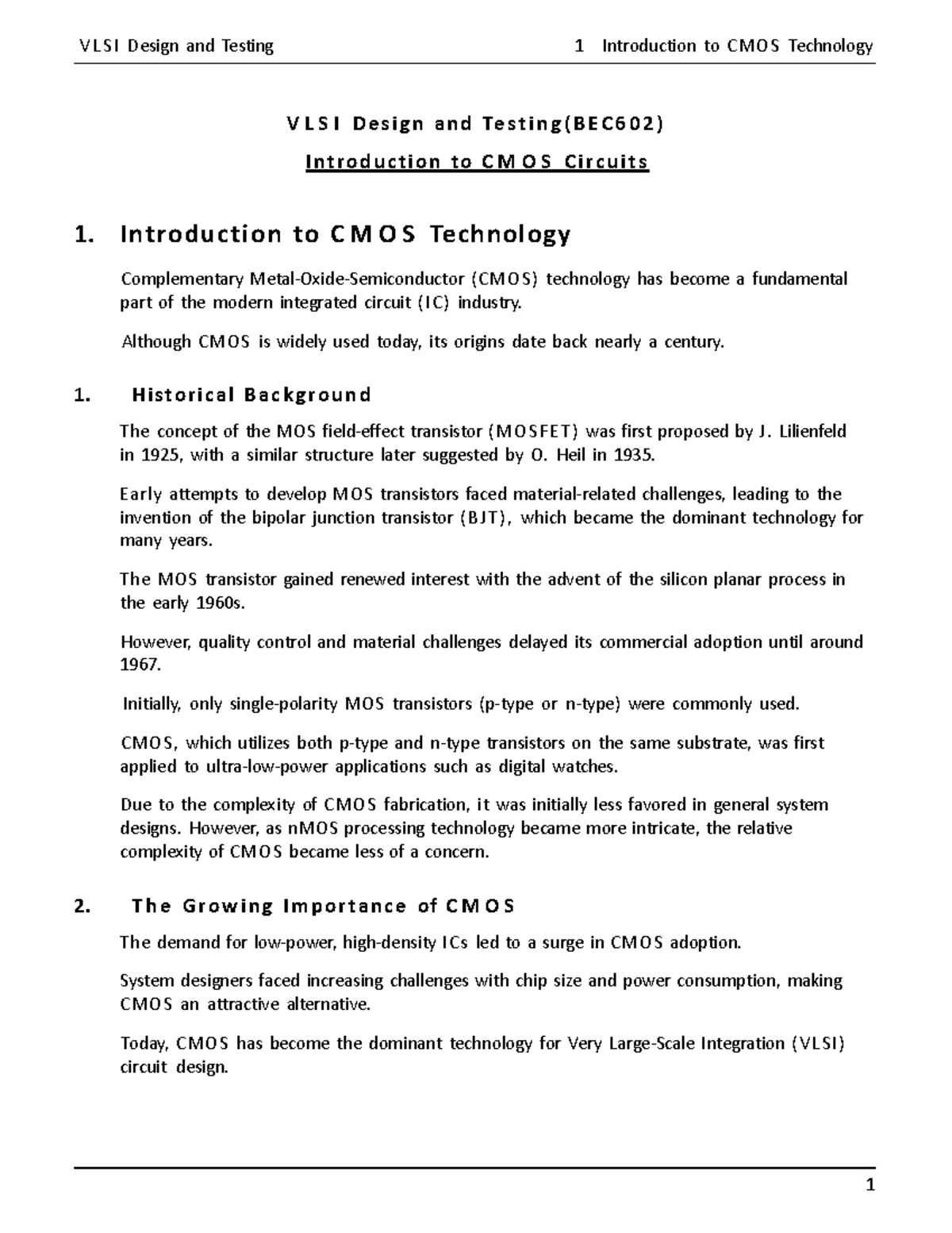 VLSI Design and Testing (BEC602): Introduction to CMOS Technology - Studocu
