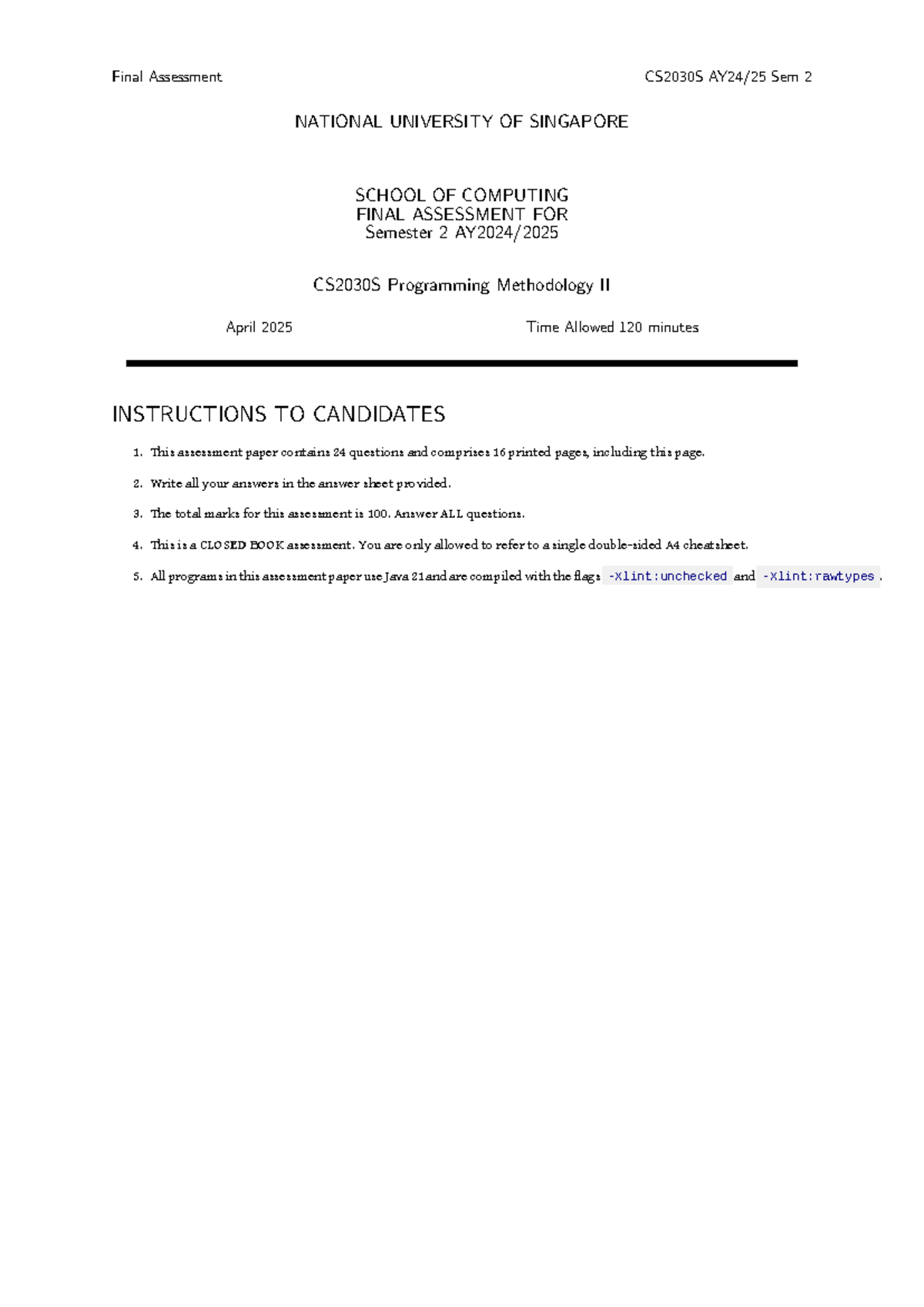Final Assessment CS2030S Sem 2 - Programming Methodology II - Studocu