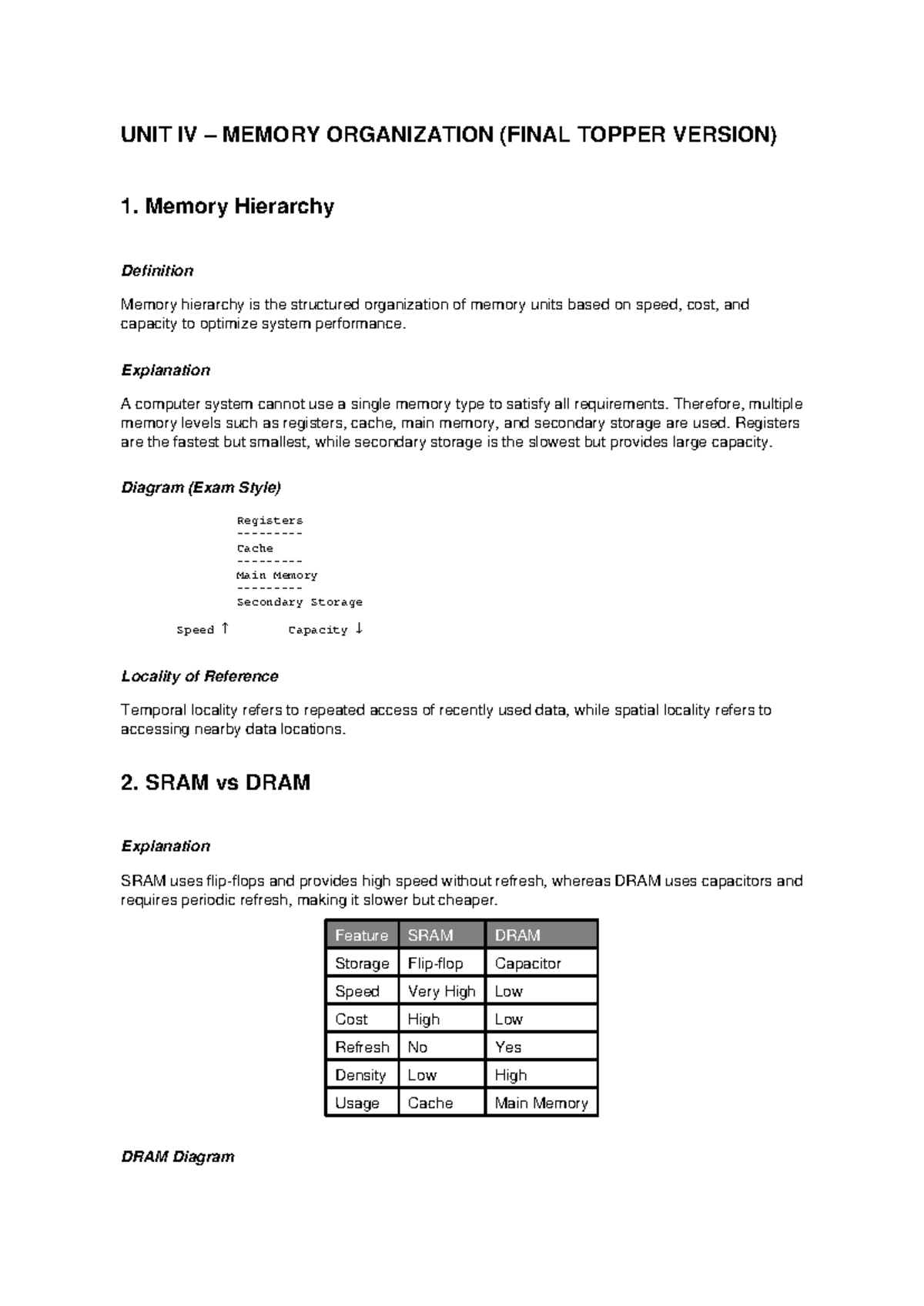 UNIT IV MEMORY ORGANIZATION (FINAL EXAM NOTES) - Studocu