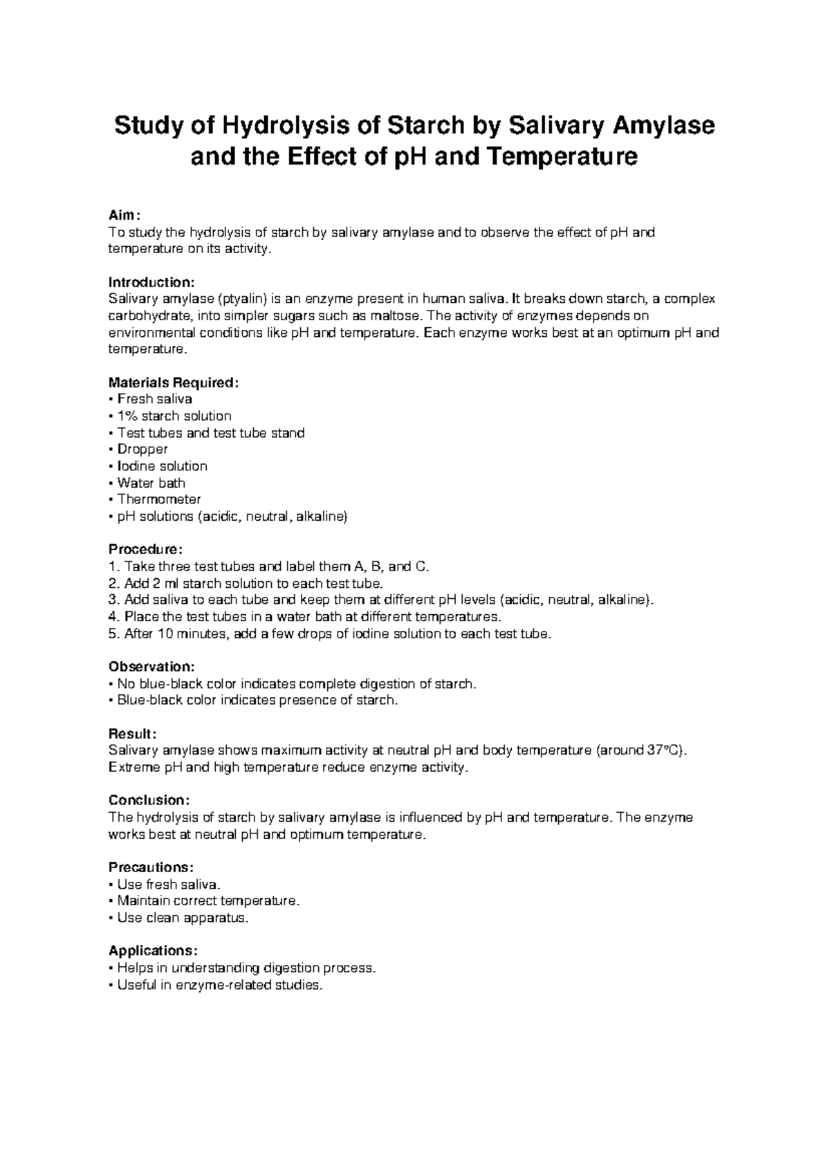 Hydrolysis of Starch by Salivary Amylase: pH & Temp Effects - Studocu