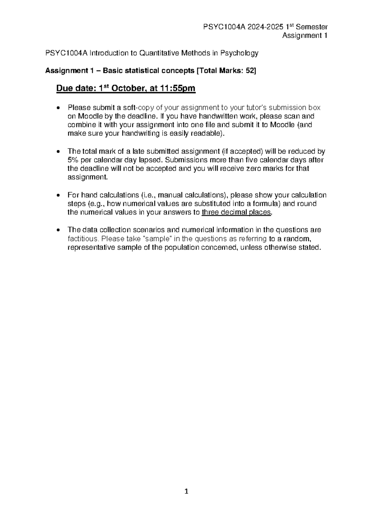 PSYC1004 Assignment 1 - Basic Statistical Concepts Explained - Studocu