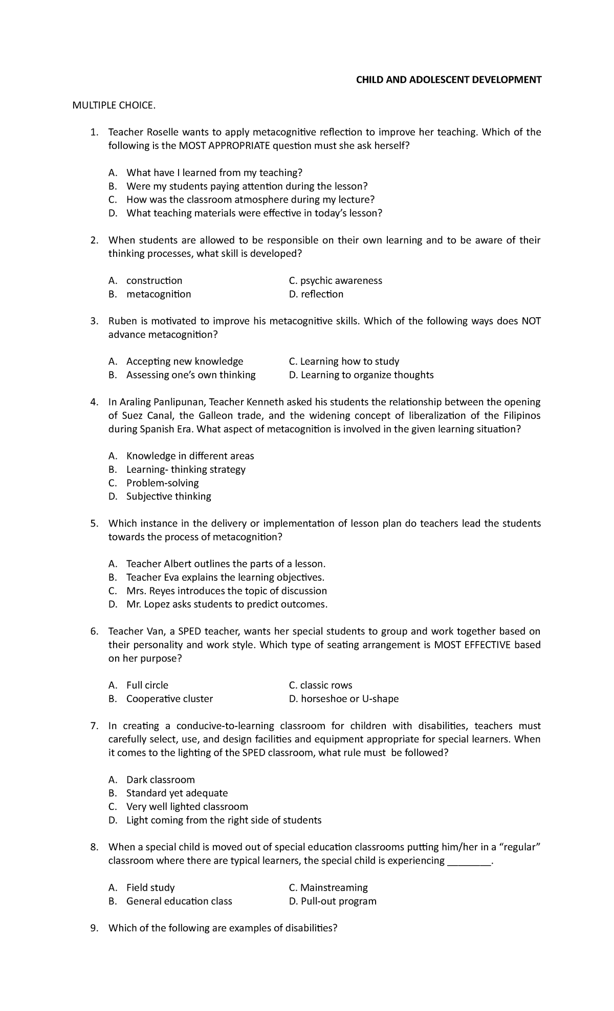 Child and Adolescent Development MCQs for Review and Reflection - Studocu