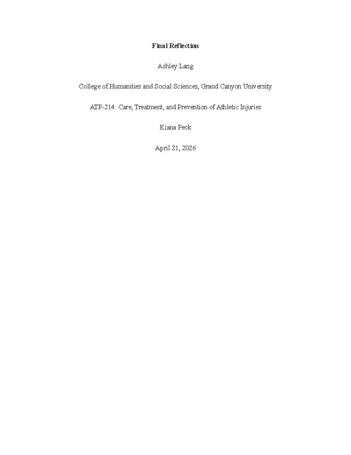 Final Reflection - Assignment: Care & Treatment of Athletic Injuries ...