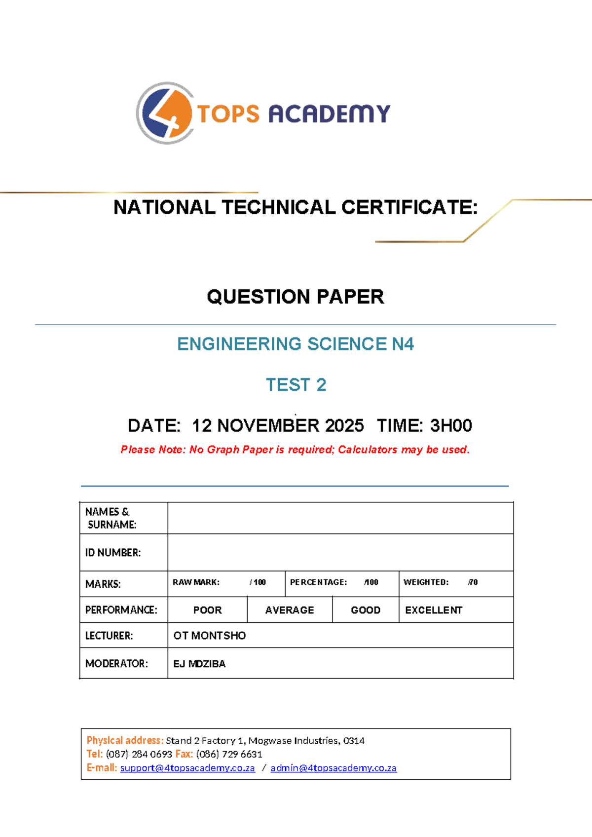 Engineering Science N4: Test 2 Question Paper - November 2025 - Studocu