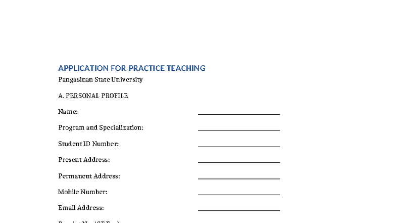 Practice Form Option A Replica - APPLICATION FOR PRACTICE TEACHING ...