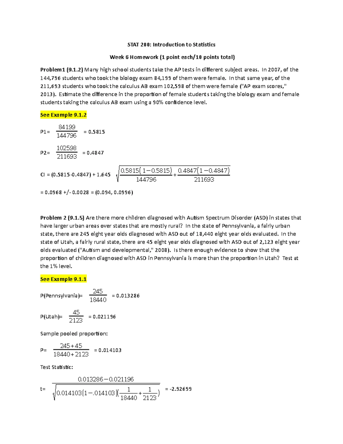 STAT 200 Week 5 Homework Problems with examples - STAT 200 ...