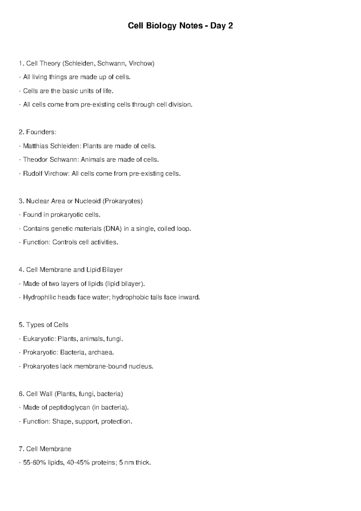 Cell Biology Notes (CB 101) - Day 2: Cell Theory & Structures - Studocu