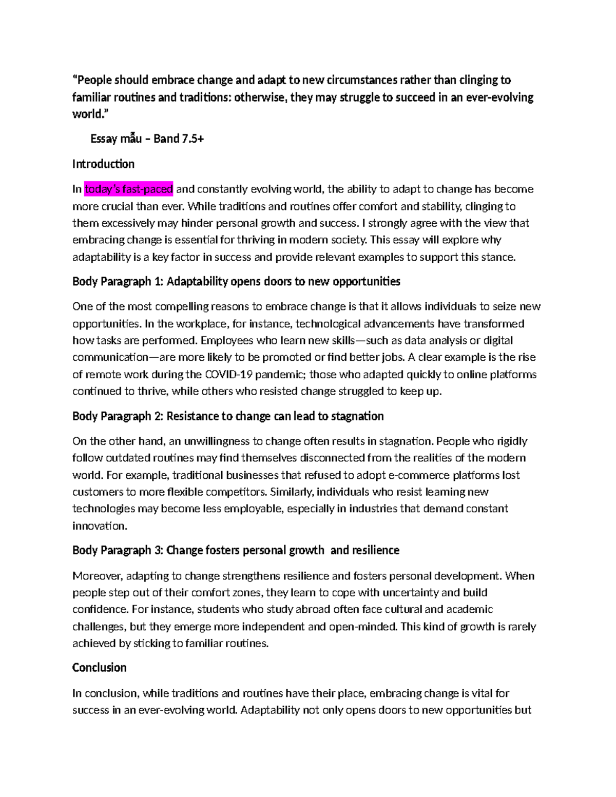 Essay Mẫu Band: Embracing Change for Success in a Modern World - Studocu