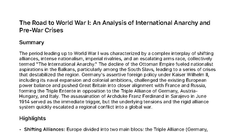 The First World War (HIST 101): Causes and Key Events Summary - Studocu