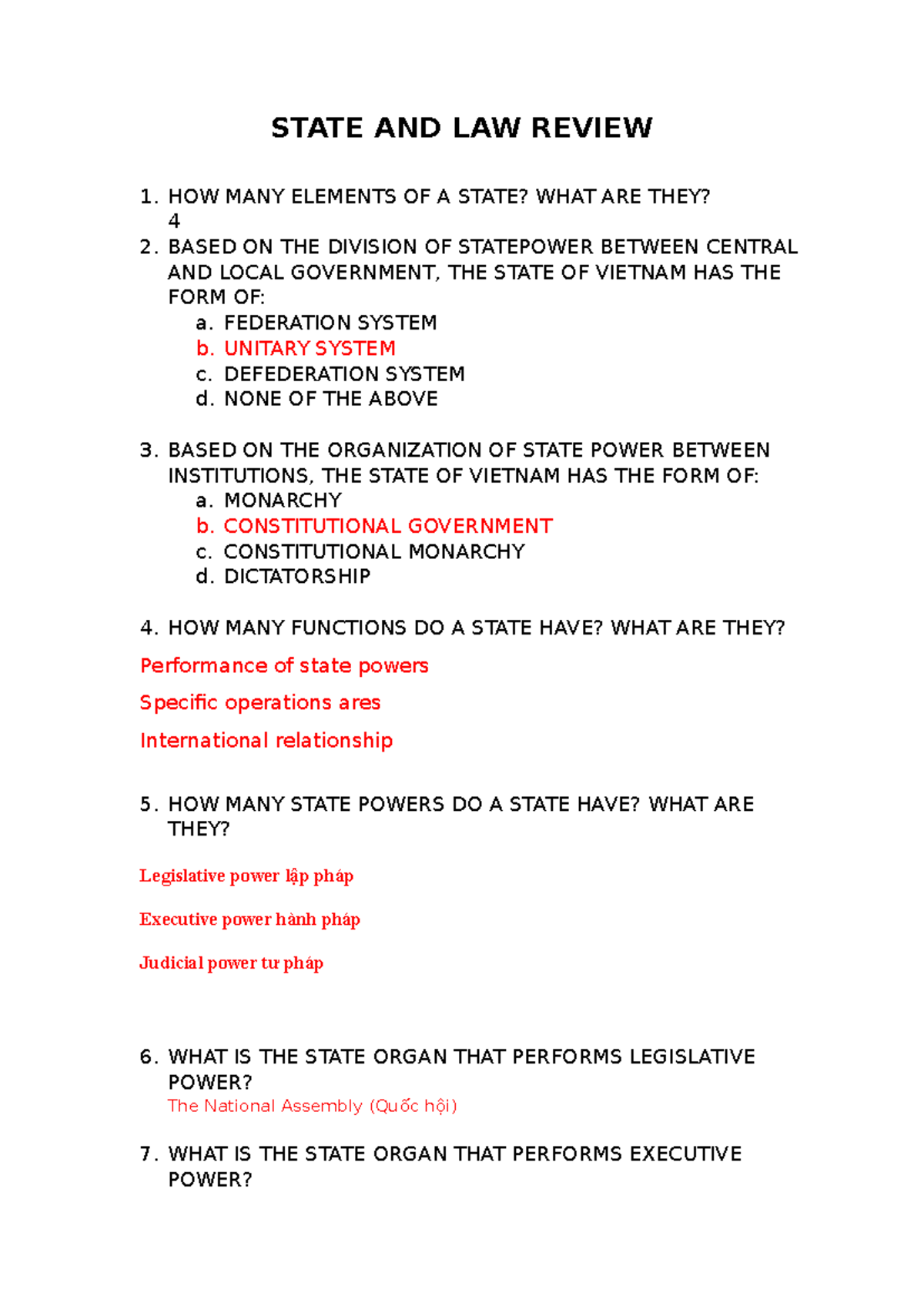 STATE AND LAW REVIEW: Elements and Powers of the State - Studocu