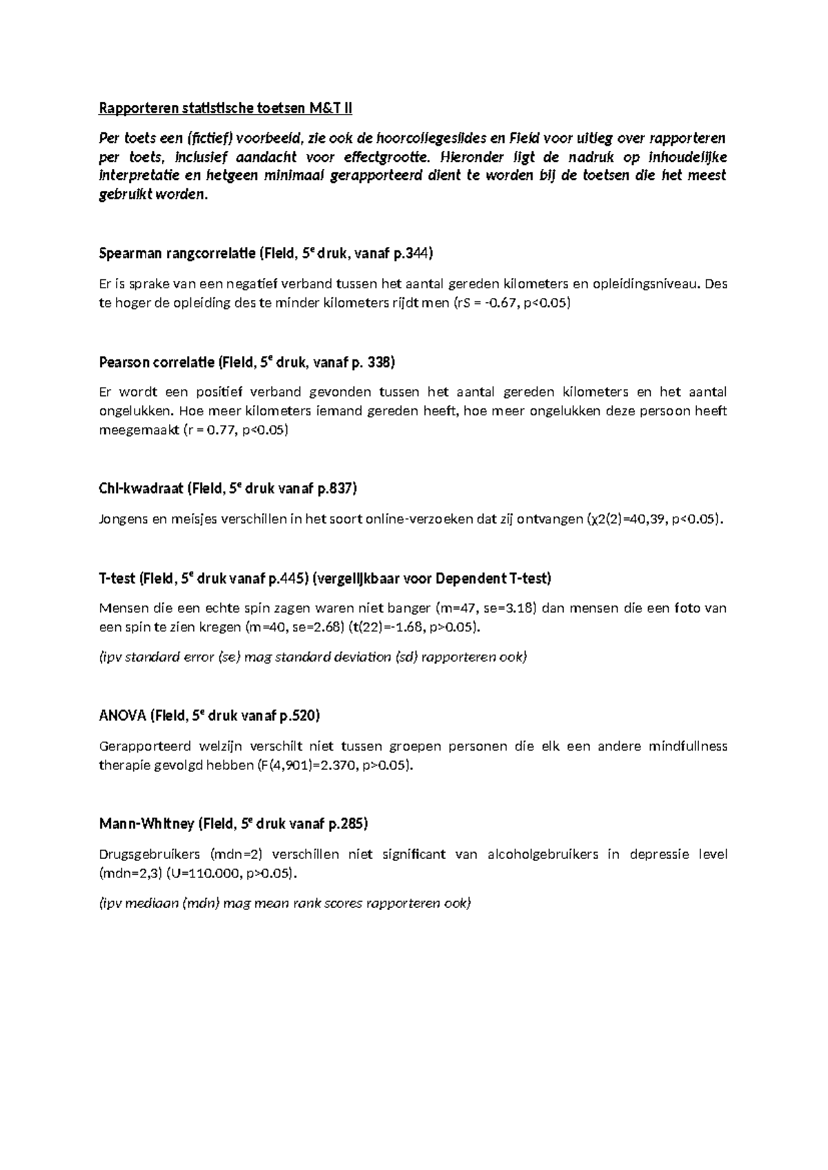 Statistische Toetsen Rapportage M&T II: Voorbeelden en Interpretaties ...